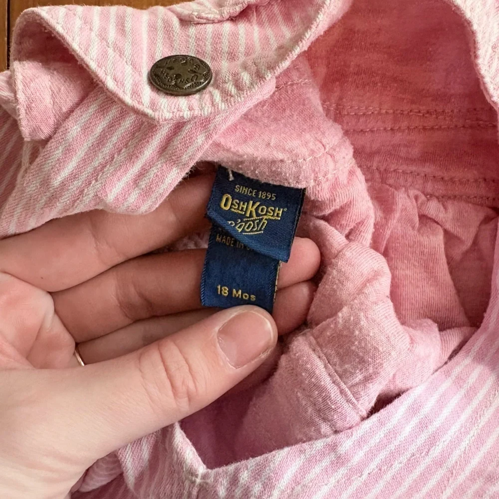 Y2K Kids Baby Girl OshKosh B’gosh Pink Stripe Denim Overall Dress Size 18M